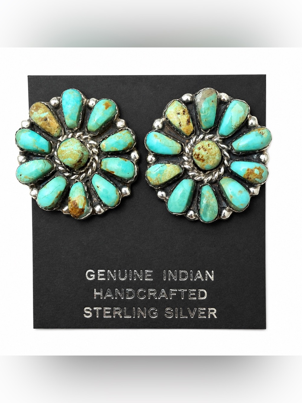 Native American Navajo Signed - Beautiful Kingman Turquoise cluster earrings